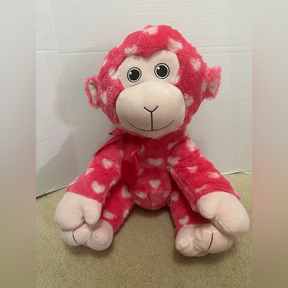 Midwood Valentines Day Large Pink Hearts Monkey Plush 17” Stuffed Animal Toy